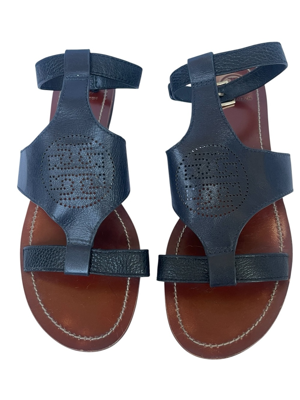 Tory Burch Navy and Black Perforated Logo Flat Sandals with Ankle Straps